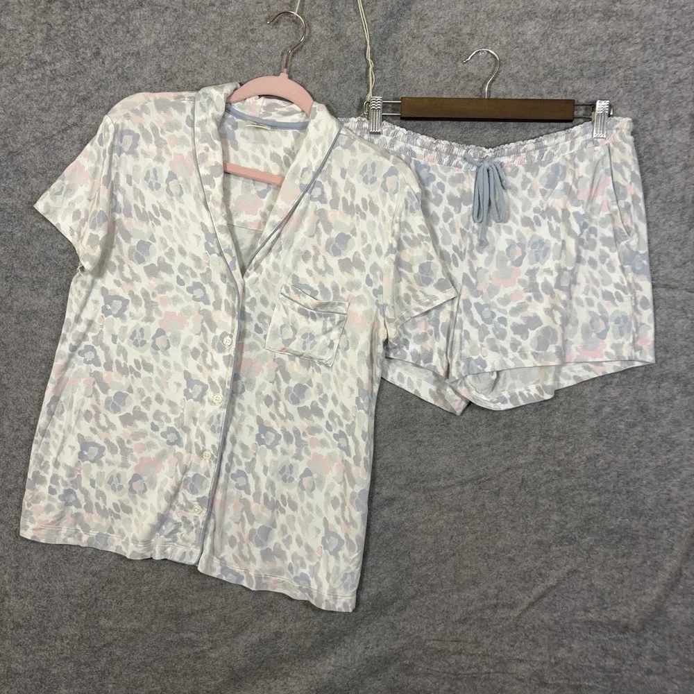 Soma Pajama Short Set Womens Sz M Blue Gray Pink Leopard Stretch